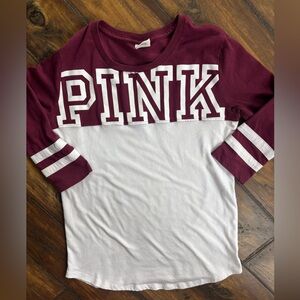 PINK Victoria's Secret Maroon and White 3/4 Sleeve Tee